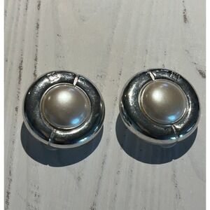 Vintage Givenchy Paris New York Silver Faux Pearl Designer Clip On Earrings